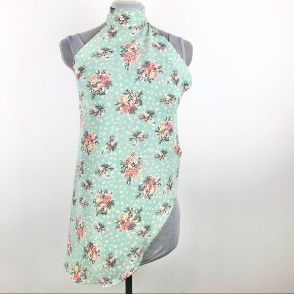 AoBaBa Mint and Rose Floral Silk Blend 2 Piece Halter Top Pantsuit Set - Picture 4 of 16